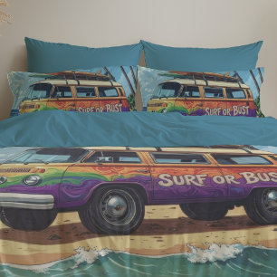Surf Or Bust Groovy Retro Hippie Surfer Beach Bus Pillowcase