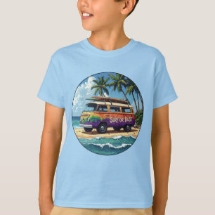 Surf Or Bust Groovy Retro Hippie Surfer Beach Bus T-Shirt