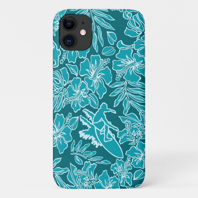 Surf Pareau Hawaiian Hibiscus Surfing Teal Case-Mate iPhone Case (Back)