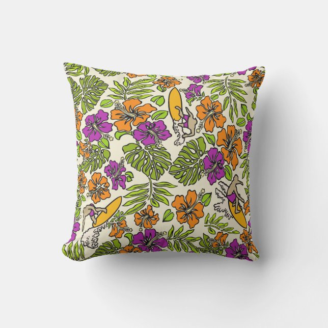 Surf Pareau Hawaiian Hibiscus Surfing - Violet Outdoor Pillow (Front)