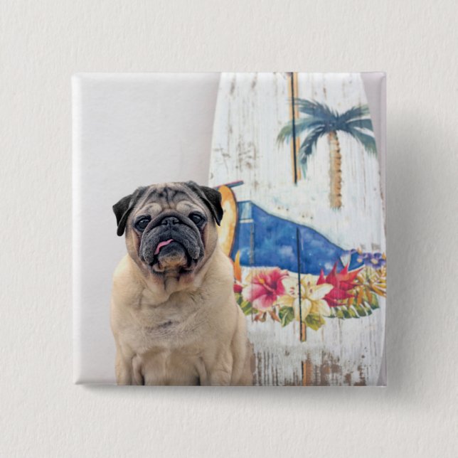 Surf Pug 2 Inch Square Button (Front)