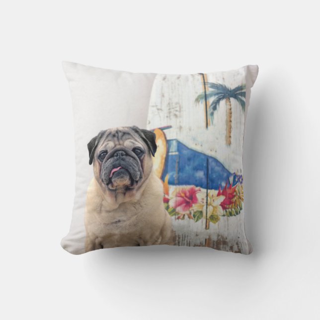 Surf Pug Throw Pillow (Front)