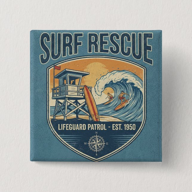 Surf Rescue Lifeguard Patrol Est 1950 2 Inch Square Button (Front)