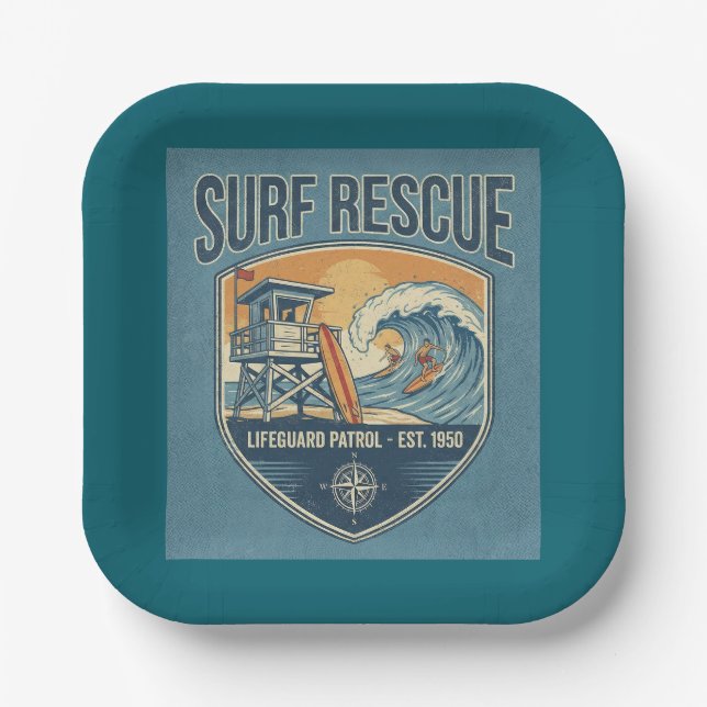 Surf Rescue Lifeguard Patrol Est 1950 Paper Plate (Front)