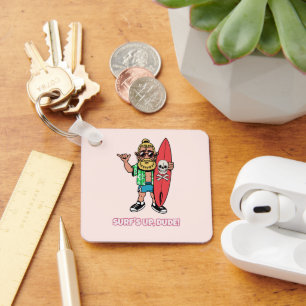 Surf’s Up Dude Bearded Cartoon Surfer Keychain