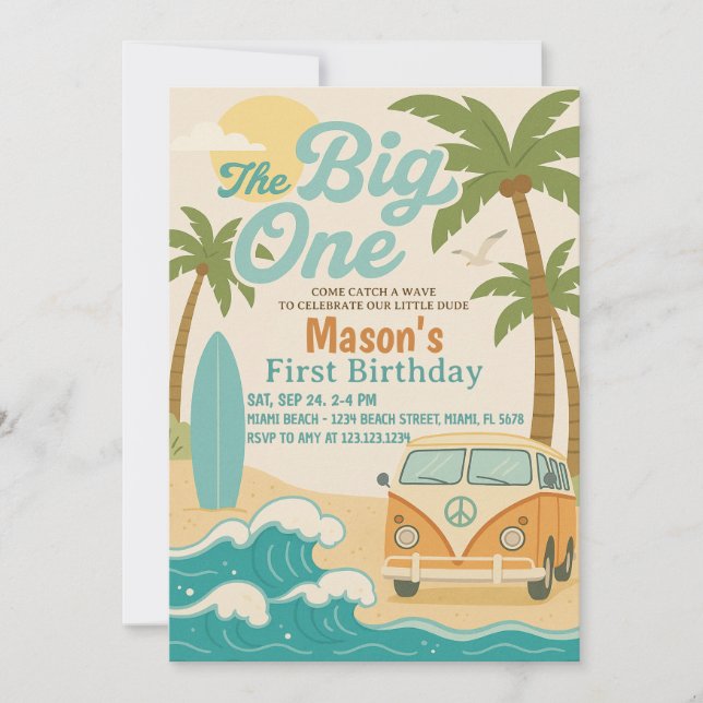 Surf’s Up! Editable The Big One Boy 1st Birthday Invitation (Front)