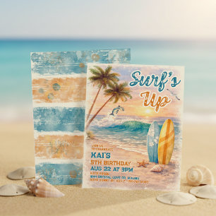 Surf’s Up Retro Watercolor Tropical Beach Birthday Invitation