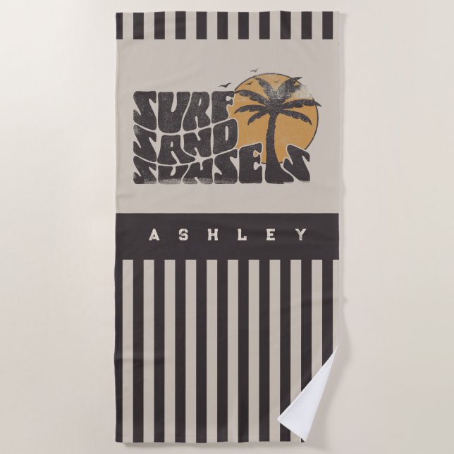 Surf Sand Sunsets Beach Life Palm Tree Beach Towel (Front)
