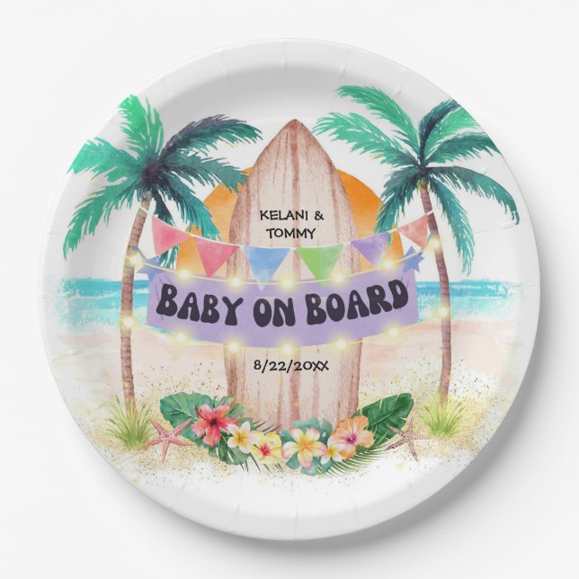 Surf & Sea | Baby On Board Beach Baby Shower Paper Plate (Front)