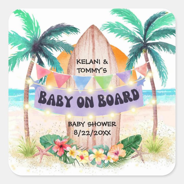 Surf & Sea | Baby On Board Beach Baby Shower Square Sticker (Front)