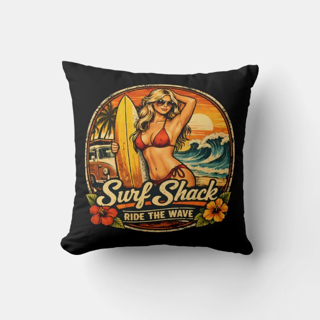 Surf Shack Surfer Pin-Up | Ride The Waves Beach Throw Pillow (Front)