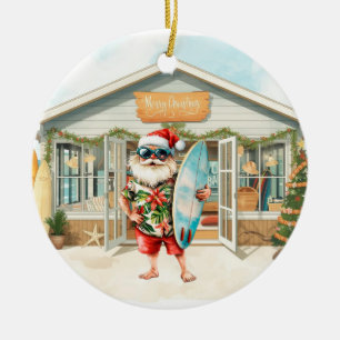 Surf shop Christmas with Santa at beach Ceramic Ornament