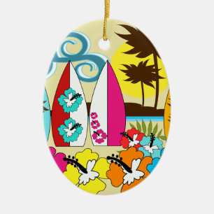 Surf Shop Surfing Ocean Beach Surfboards Palm Tree Ceramic Ornament