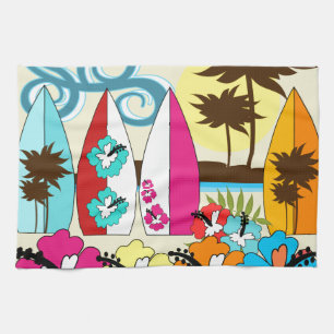 Surf Shop Surfing Ocean Beach Surfboards Palm Tree Kitchen Towel