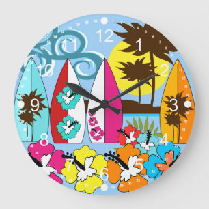 Surf Shop Surfing Ocean Beach Surfboards Palm Tree Large Clock