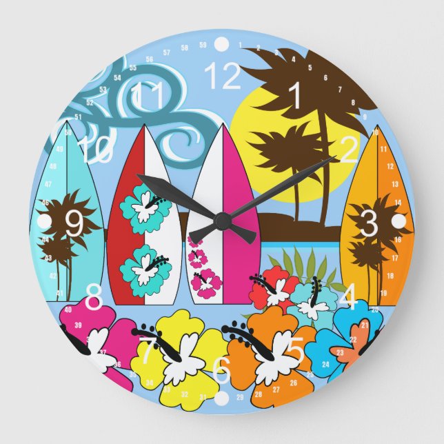 Surf Shop Surfing Ocean Beach Surfboards Palm Tree Large Clock (Front)