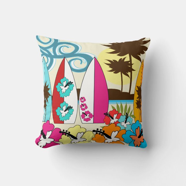 Surf Shop Surfing Ocean Beach Surfboards Palm Tree Throw Pillow (Front)