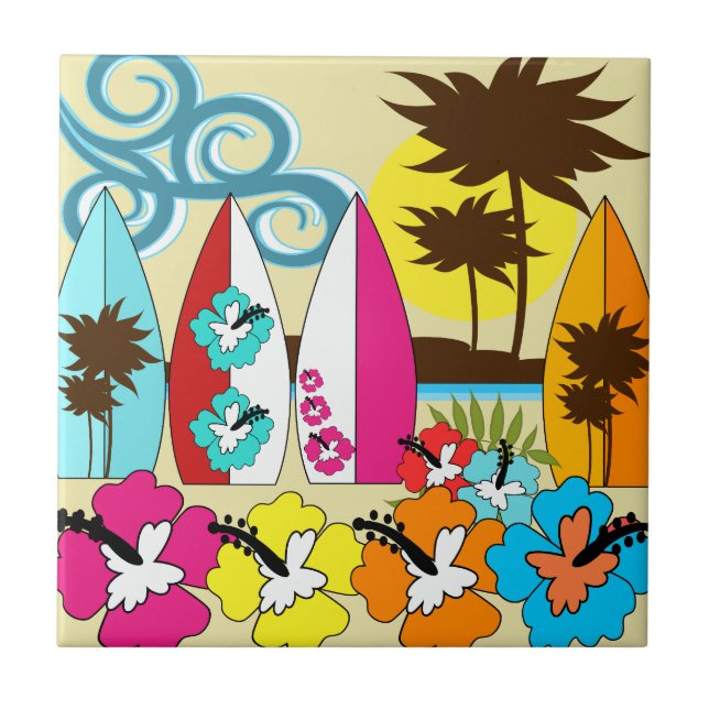 Surf Shop Surfing Ocean Beach Surfboards Palm Tree Tile (Front)