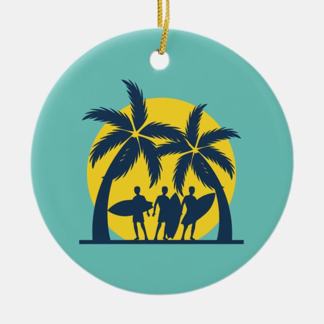 Surf sun and palm trees cool surf ceramic ornament (Front)