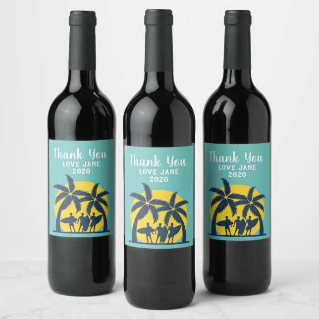 Surf sun and palm trees cool surf wine label (Bottles)