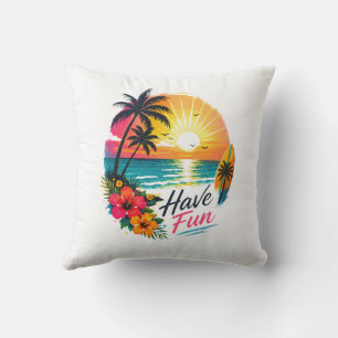 Surf, Sun & Palm Trees – Tropical Summer Vibes Throw Pillow