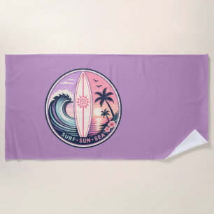 Surf • Sun • Sea Retro Tropical Wave Badge   Vinta Beach Towel