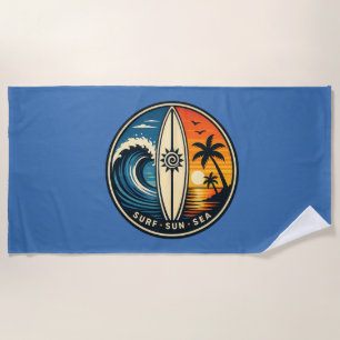 Surf Sun Sea Vintage Badge – Surfboard Sunset Wave Beach Towel