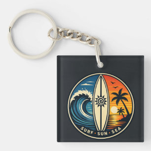 Surf Sun Sea Vintage Badge – Surfboard Sunset Wave Keychain
