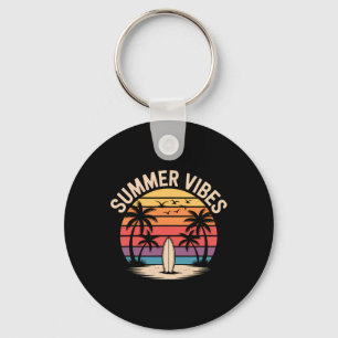 Surf Sunset Summer Vibes Retro Beach Palm Trees  Keychain