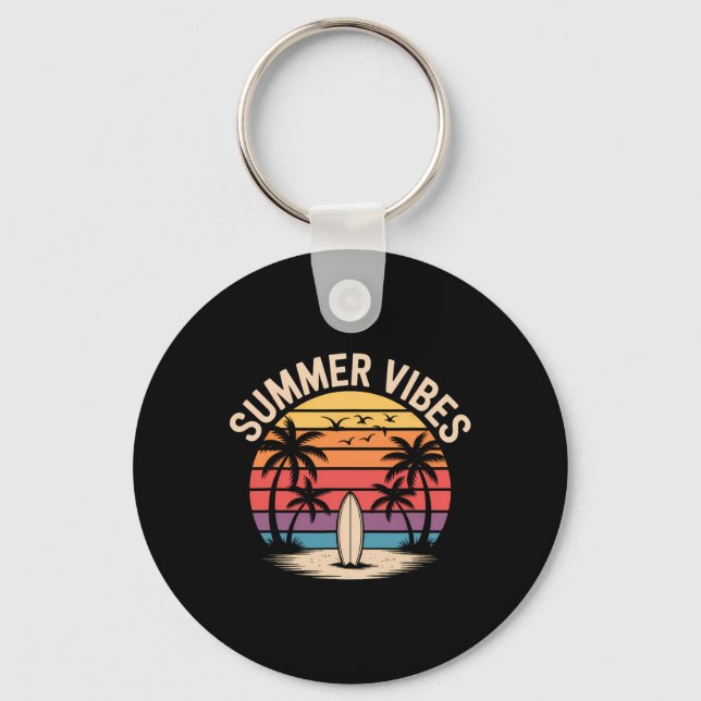Surf Sunset Summer Vibes Retro Beach Palm Trees  Keychain (Front)