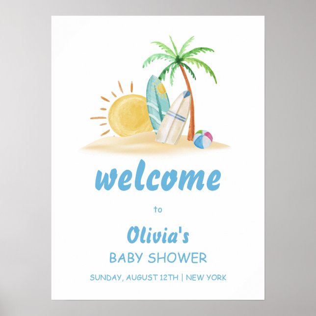 Surf Sunshine Beach Palm Tree Baby Shower Welcome  Poster (Front)