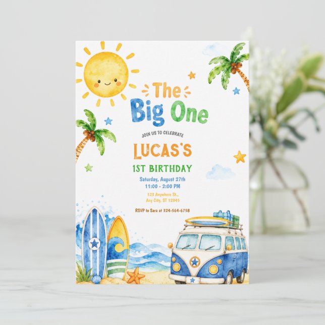 Surf Tropical First Birthday Party Beach  Boy fun Invitation (Standing Front)