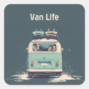 Surf Van Splash – Retro Beach Camper Square Sticker