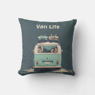 Surf Van Splash – Retro Beach Camper Throw Pillow