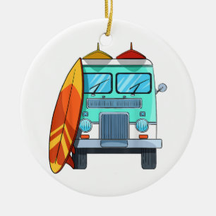 Surf Van Surfboard Palm Trees Surfing Surfer Waves Ceramic Ornament