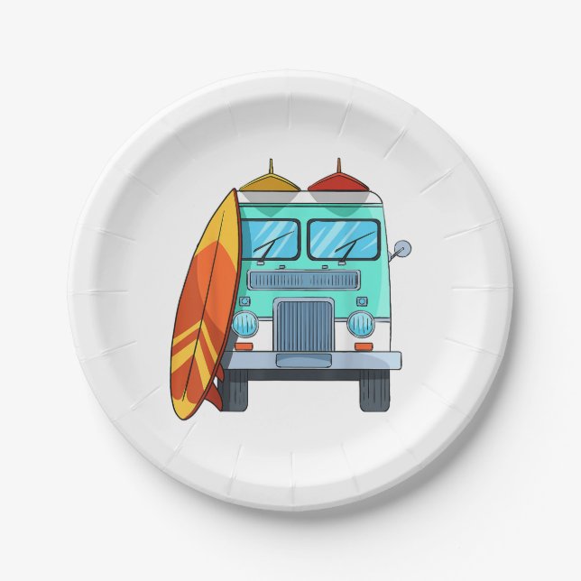Surf Van Surfboard Palm Trees Surfing Surfer Waves Paper Plate (Front)