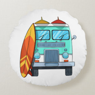 Surf Van Surfboard Palm Trees Surfing Surfer Waves Round Pillow