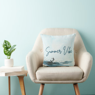 Surf Watercolor Summer Vibe Throw Pillow