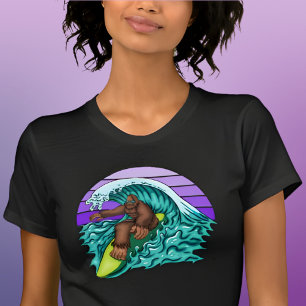 Surf Womens Funny Bigfoot Surfing Purple Retro T-Shirt