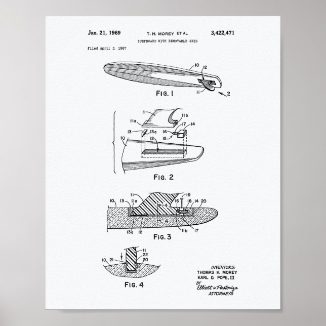 Surfboard 1969 Patent Art White Paper Poster (Front)