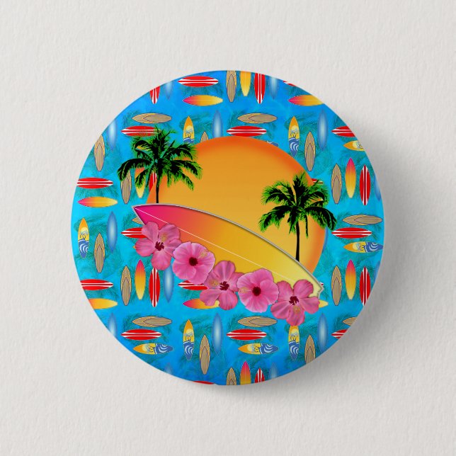 Surfboard and Hibiscus Flowers 2 Inch Round Button (Front)