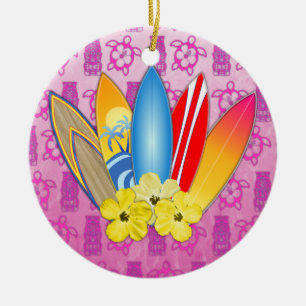 Surfboard and Hibiscus Flowers Ceramic Ornament