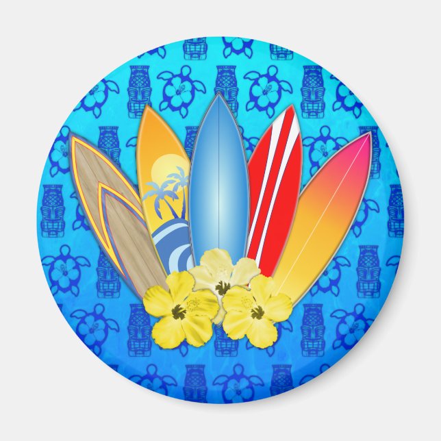 Surfboard and Hibiscus Flowers Magnet (Front)
