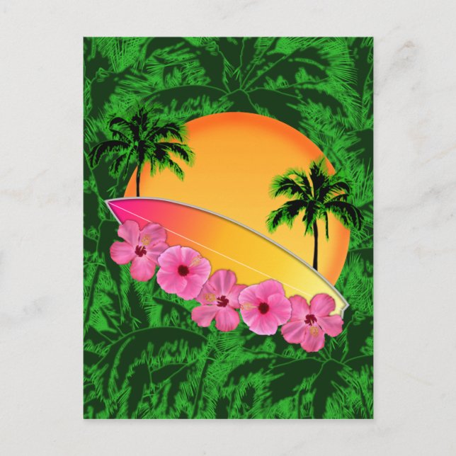 Surfboard and Hibiscus Flowers Postcard (Front)