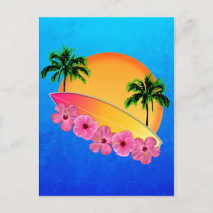 Surfboard and Hibiscus Flowers Postcard