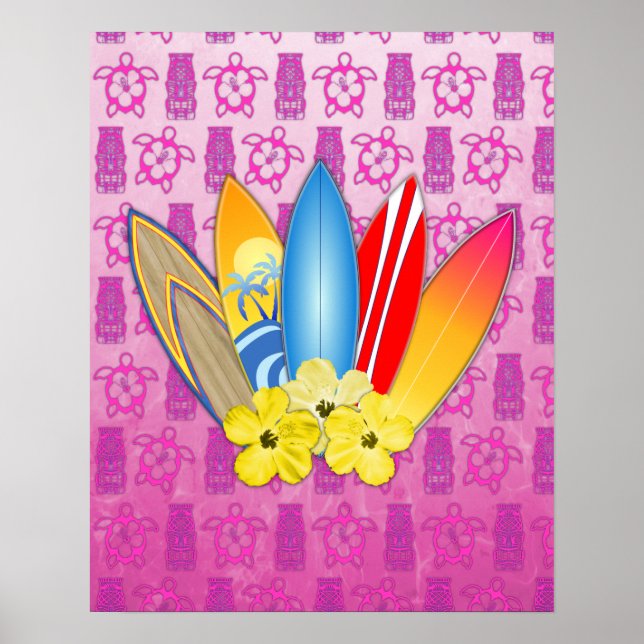 Surfboard and Hibiscus Flowers Poster (Front)