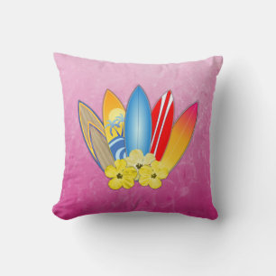 Surfboard and Hibiscus Flowers Throw Pillow