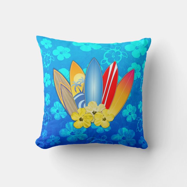 Surfboard and Hibiscus Flowers Throw Pillow (Front)