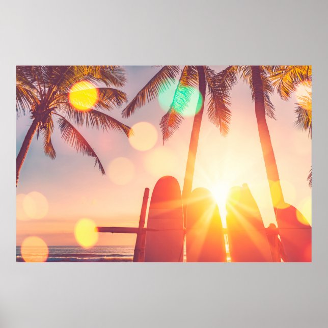 Surfboard and palm tree on beach double exposure w poster (Front)