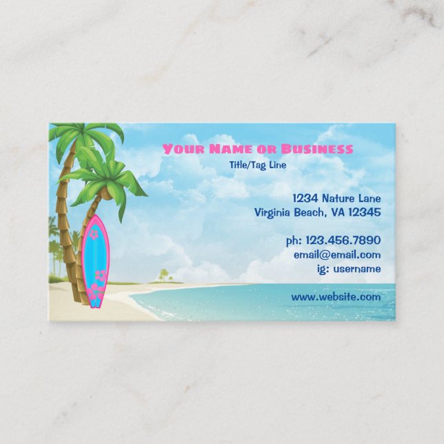 Surfboard and Palm Trees Tropical Beach Business Card (Front)